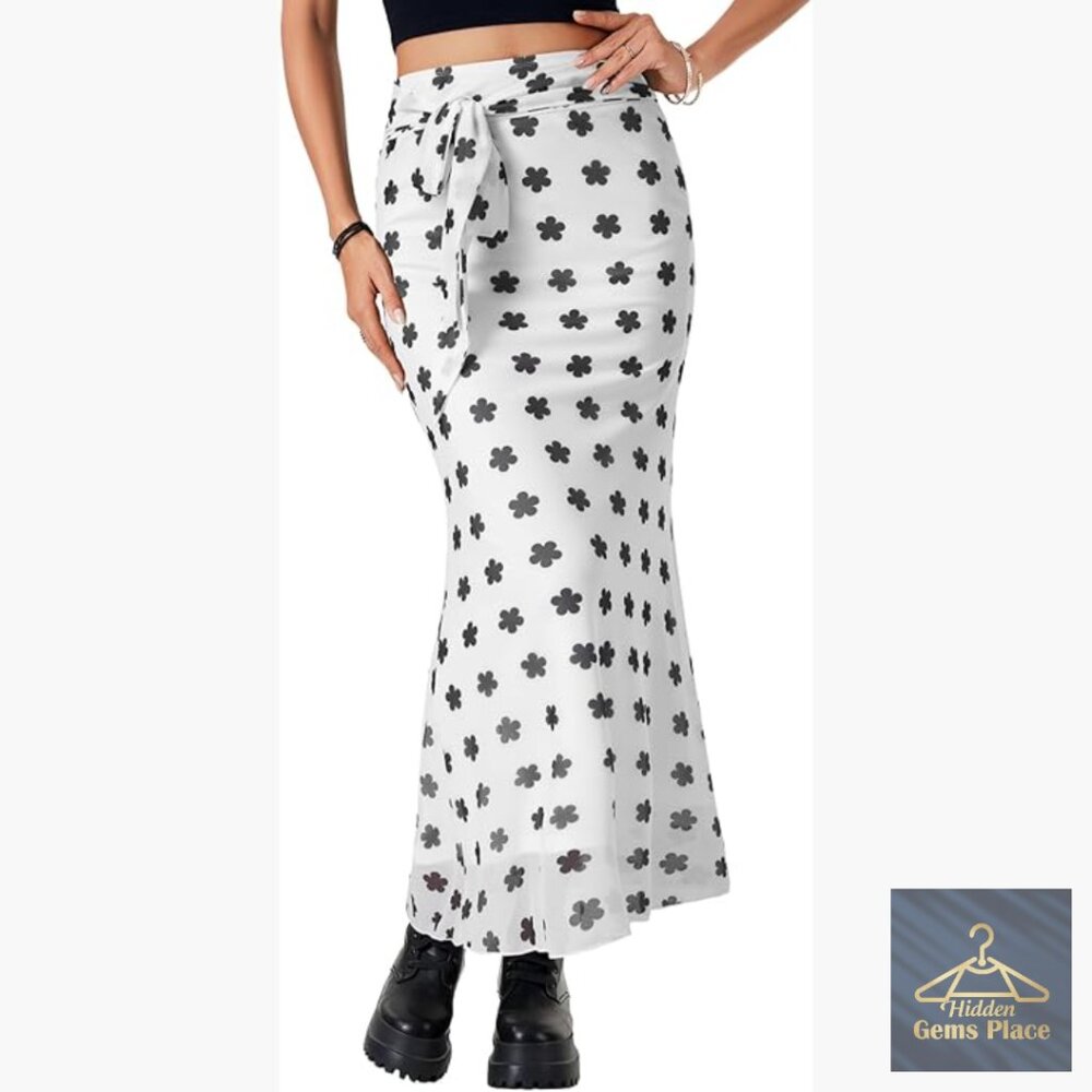 Mesh Floral Print Maxi Skirt High Waisted Bodycon Fishtail Lettuce Trim